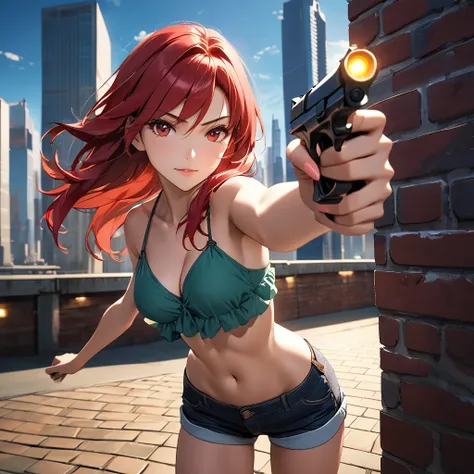 a woman with long flowing red hair wearing a bikini top and shorts, aiming a pistol directly at the camera with her eyes closed, leaning against a brick wall in the foreground, city skyline with skyscrapers in the background, cowboy bebop style, cinematic ...