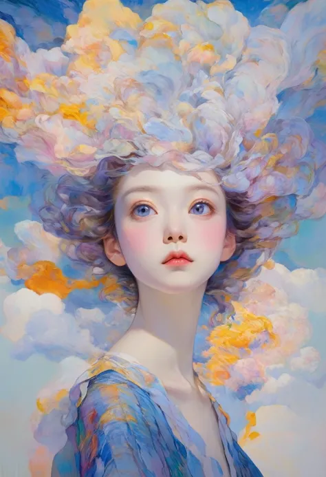 _James Jeans、A floating girl made of bundles of light、light、In the sky、colorful, Vivid and mysterious colors、modern impressionism、Portrait of Yanjun Chen、Iris Painting、3/4 Perspective View、Cute Face、Low angle、Radical Swivel Configuration、Big beautiful crys...