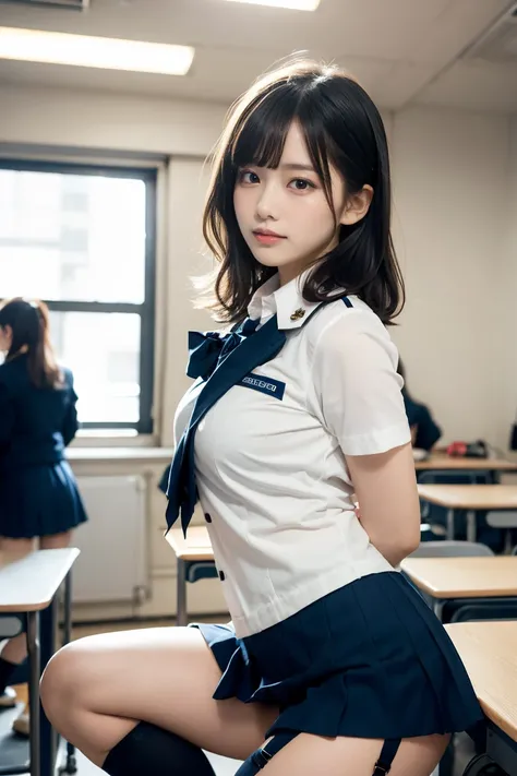 masterpiece, Highest quality, figure, Very detailed, The finer details, High resolution, 8k,wallpaper, Perfect dynamic composition,(Detailed high quality, Realistic depiction of eyes:1.3), From the side, High school classroom、Schoolgirl uniform、blazer 、Sup...