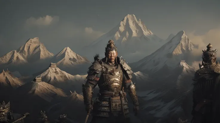 black myth: wukong stands on the rolling mountains and looks at a huge buddha statue in the distance