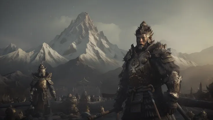 black myth: wukong stands on the rolling mountains and looks at a huge buddha statue in the distance