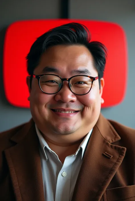 ((Highest quality)), ((masterpiece)), (detailed), One man,Brown Hair,youtuber,Asian,Glasses,mash,Age 35, Fat, Chubby,middle aged,YouTube mark on background