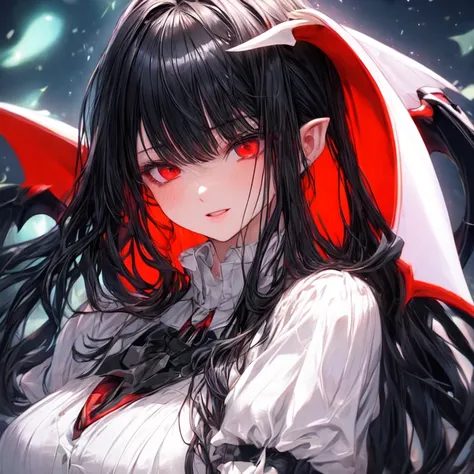 Beautiful vampire girl with long black hair, and red eyes, big breasts,  uhd, textured skin, super detail, high details, high quality,
