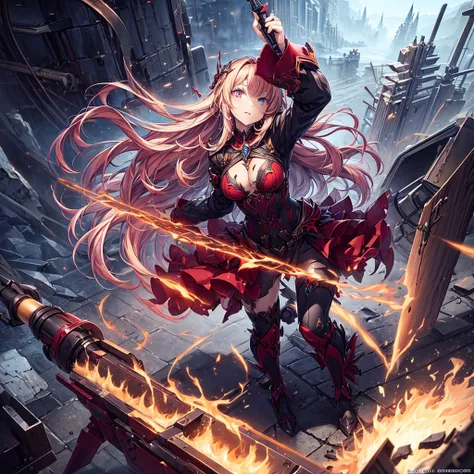 (((Best resolution, Textured skin, high quality, Caution about scars, Precise CG unification, game CG))), (One girl), necromancer, red long hair, Are standing, (action pose: 1.4), dynamic angle, Holding a wand, skull,