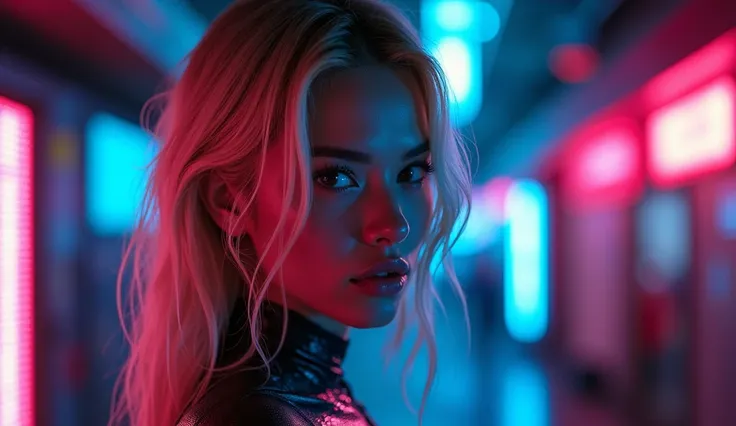 ((best quality)), ((​masterpiece)), (detailed), ((background Cyber)), wet look, ((blond long Hair)), ((Intricate detailing, in the night time, Contre-Jour, random neon color, View from afar, random pose, blue latex bodysuit, face focus, hell picture, light...