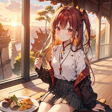 Top quality、On the table、1 Woman、solo、(Red Cliff:1.4),a happy expression、Shut up、Brown single blade、White school uniform、Black socks、Plaid skirt、blush、Red Eye、evening、Lots of Countryside、Big Sunset、Orange View、Small necklace、