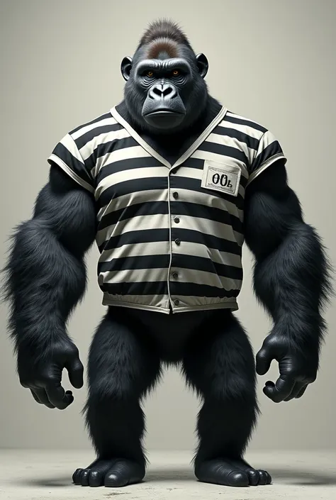 A gorilla with a prisoner outfit 