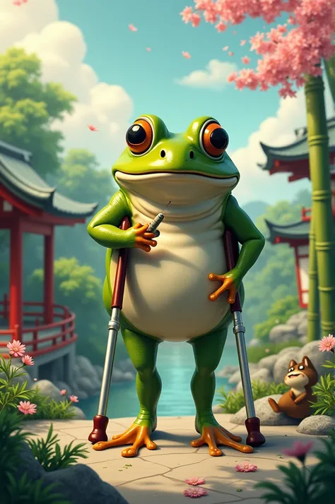 A Japanese frog on crutches smoking a joint in a Japanese setting 