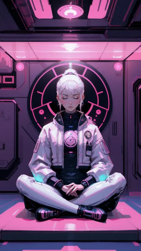 there is a beautigul cute girl sitting in a lotus position with a laptop, zen méditation cyberpunk, a cyborg meditating, in style of laurie greasley, in style of digital illustration, 🚀🚀🚀, laurie greasley, nft portrait, laurie greasley and james jean, illu...