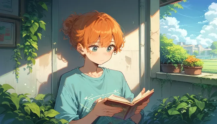 highest quality,reading in the park,orange hair,in front of a large window,fresh greenery,blue sky