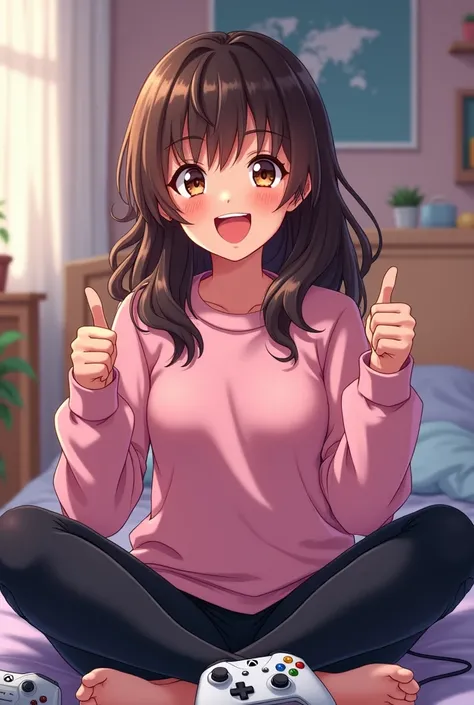 Anime gamer girl with: brown wavy hair, brown eyes, métis skin, a pink pastel sweat-shirt and a black trousers she is in her gamer room and she have game controllers of Xbox put on his bed she’s getting a thumb in the air she smile