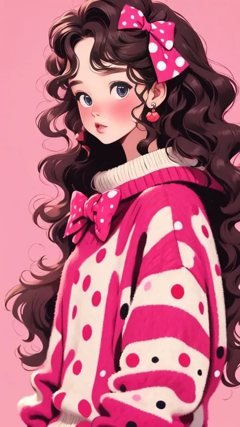 (masterpiece, best quality:1.2), 1 girl, alone，wavy hair，detailed face, bow headband，polka dot sweater，Sweater details，clean background 