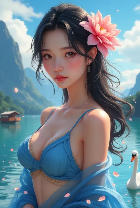 (Ana de Armas:Nataile Portman:0.7), high quality fingers, normal hands, detailed fingers,masterpiece, (realistic, photo-realistic:1.37), ( korean girl), in translucent blue saree, traslucent blue bra, a big flower on her hair, mountains, lake, trees, cloud...