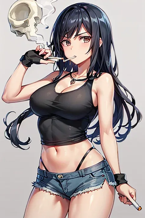 Highest quality,high resolution,comics,(Cel animation style),One woman,30 year old Asian female,(Straight long black hair),((Black tank top)),((Denim shorts)),((1 Holding a gun in each hand.6)),(Skull Necklace),Black sneakers,(Beautiful face with a narrow ...