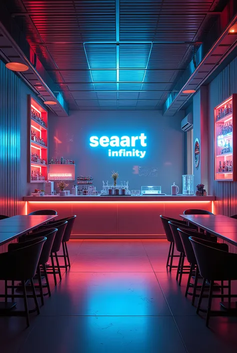 Photographic grade，Movie quality，CG Wallpaper，An interior view of a cyber bar with a strong atmosphere，Store name displayed on bar counter"SeaArt Infinity"