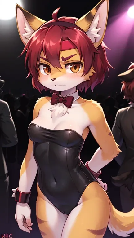 best quality, best resolution, (fluffy anthro furry), calico cat girl, maroon hair, short wavy hair, brown eyes, medium breast, (black strapless leotard, headband with ears, bowtie, cuffs), nightclub, annoyed look