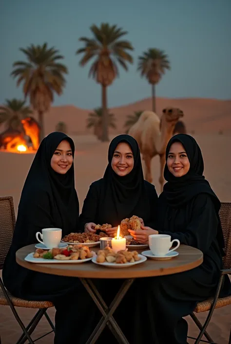 professional portrait, 3 asian women, wearing black hijab, sitting on folding chairs, folding table, lots of food and coffee, desert background, date palms, sitting camels, small campfire at night