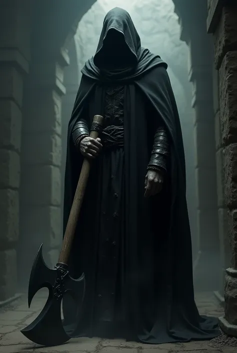 CREATE THE CHARACTER WITH THE FOLLOWING COMMANDS.

gloomy style: The character must be shrouded in shadows, with minimal lighting that highlights the most sinister details of his figure.
Hood and Dark Clothing: The executioner is dressed in a long black ca...