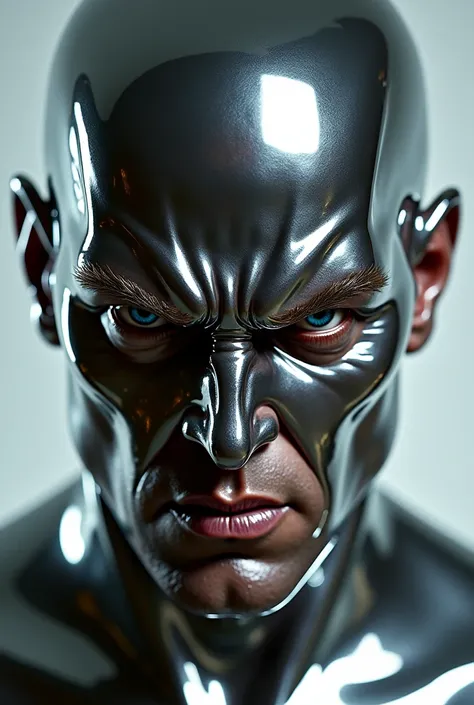 Man with silver chrome skin. Portrait. Anger face. 