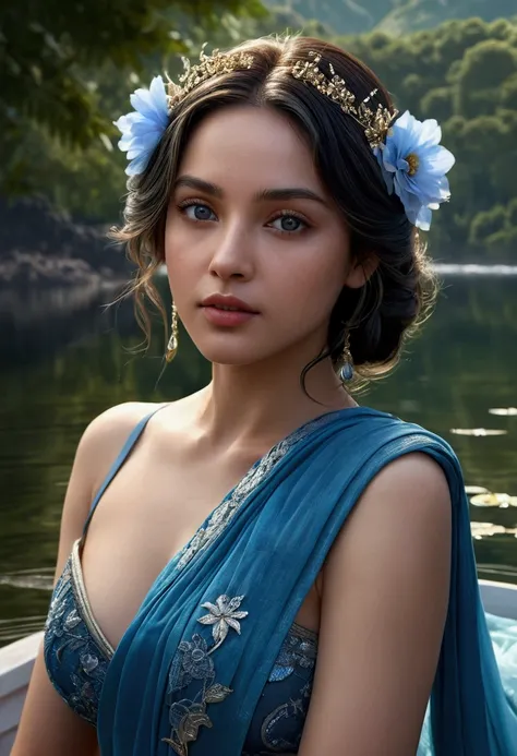 (Ana de Armas:Nataile Portman:0.7), high quality fingers, normal hands, detailed fingers,masterpiece, (realistic, photo-realistic:1.37), ( korean girl), in translucent blue saree, traslucent blue bra, a big flower on her hair, mountains, lake, trees, cloud...