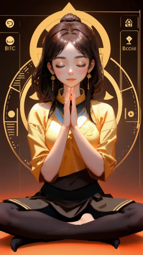 Create an image of a beautiful girl practicing yoga in the lotus position, his eyes closed, sitting on the floor with cryptocurrency data charts and symbols like Bitcoin in the background. The background color should be a rich brown to symbolize grounding ...