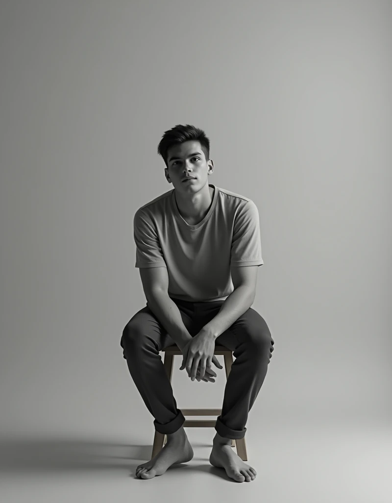 Young man sitting on stool with plain gray background