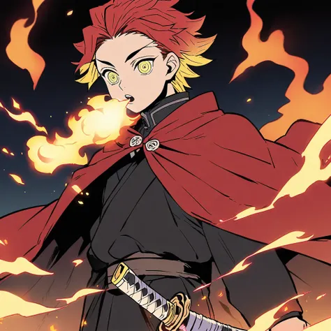 Illustration, anime, boy, male, Red hair, yellow Glowing hair, Yellow eyes, Fire breathing, katana, holding katana, Black outfit, Red cloak, fire logo cloak, Night background but era Heisei, kimetsu no yaiba style