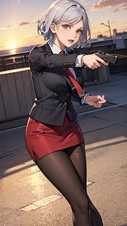 Highest quality、Ultra HD、One Woman、(Silver short hair 1.3)、(Red blazer 1.3)、(Red tie)、(shirt)、(Red Heel 1.1)、((Red Mini Tight Skirt))、((Black tights 1.2))、((1 Shooting a gun with both hands.5))、Stylish、Beautiful Faces、(Black belt 1.2)、2 female、Glamorous Bo...