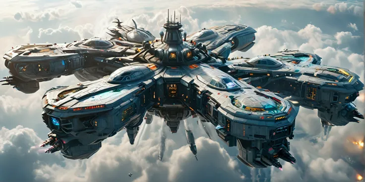 (best quality,ultra-detailed,realistic:1.37), A long wide giant heavily armored divine futuristic flying all terrain biomechanical space battleship covered in rainbow batik pattern and glowing javanese runic symbols, (multiple retractable cybernetic spider...