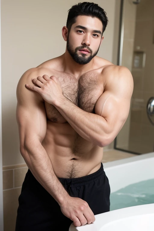 ((best quality)), ((masterpiece)), (detailed), perfect big detailed hairy plump muscle man in bath , beard, dark skin color, skinhead, Japanese men,  In black boxer and short hair, full body 