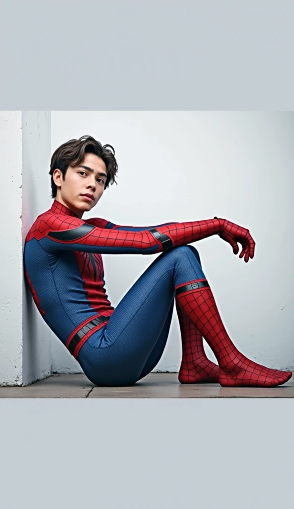 This image shows a young man sitting back with his knees bent towards his chest. He wears a red and blue superhero costume that looks like Spider-Mans costume. This costume has a distinctive design with web stripes on the blue part and a spider symbol on t...