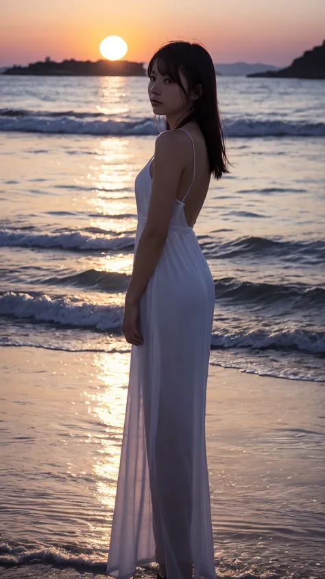 With my back to the setting sun、２５A year-old girl is standing by the water。Her silhouette contrasts delicately with the fiery sky.。She is wearing a loose white dress、He appears to be lost in thought as he gazes out at the horizon.。The painting&#39;s soft, ...