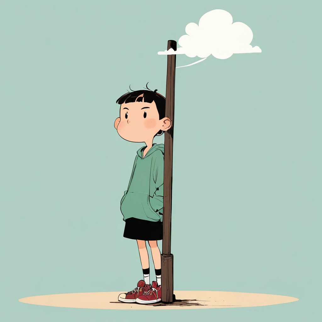 Ewa Poklewska-Koziełło in style of Mike Azevedo，Cartoon graffiti ， standing on a wooden stake looking into the distance，White Cloud，Fear of heights，whole body, Solid color background, boy