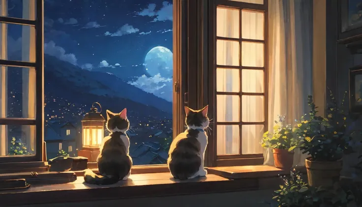 The style of Ghibli animation，The night sky appears deep and calm，The clouds are very thick，The moonlight shines through the gaps in the clouds，Appear soft and warm。A girl，Sitting by the window，Wearing headphones，There is a cute kitten next to it，His eyes ...