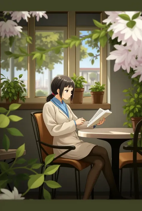 anime girl sitting in a chair reading a book in a garden, (ponytail forehead hair pulled back:1.3), (black hair:1.3), sitting in a cafe alone, mysterious coffee shop, sitting alone in a cafe, relaxing concept art, anime style, from girls frontline, fine de...