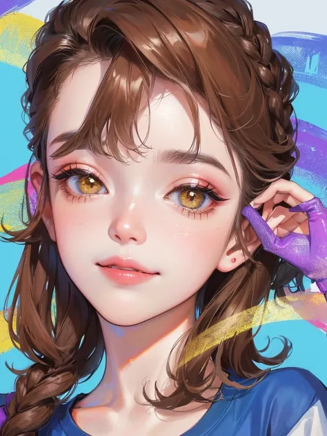 (((One woman)))、(Top resolution、Distinct_image) best qualtiy、(((Pop)))、1990s、((colorful backdrop))、((illuminating))、ighly detailed、Semi-realistic、Brown hair、((makeups)),Braided hairstyle、A smile、bangss、20yr old、young、((tshirts))、delicated facial features、F...