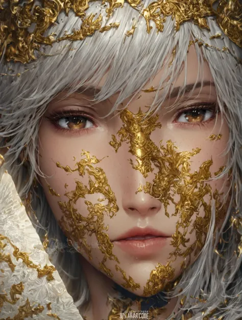 Close up of a lady with gold paint on her face, 8k high quality detailed art, Detailed digital anime art, neoartcore 和 charlie bowater, Very detailed and beautiful fan art, Super detailed fantasy characters, fine digital art，Rich in details, Complex and go...