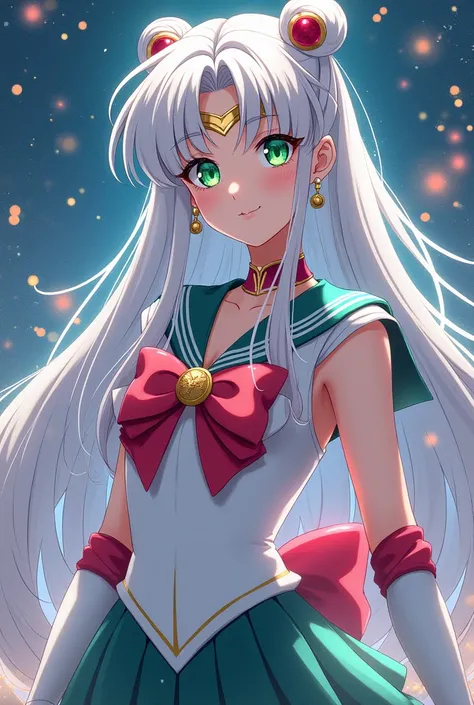 Create for me an image in the Sailor Moon universe, a sailor with long white hair., green eyes and fair skin 
