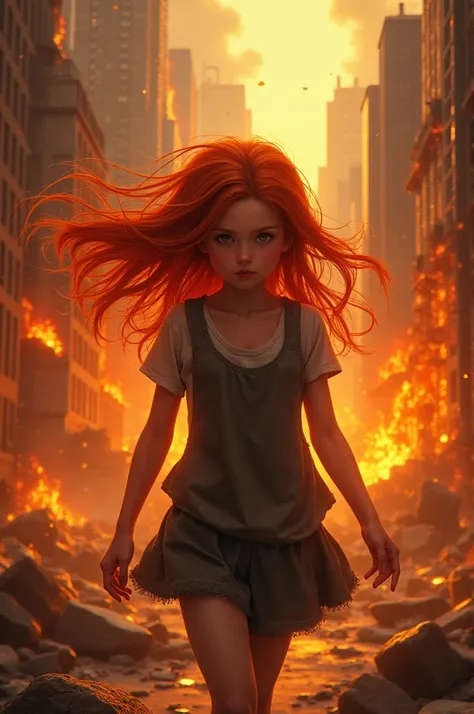 Create a redhead girl in a city full of flames
