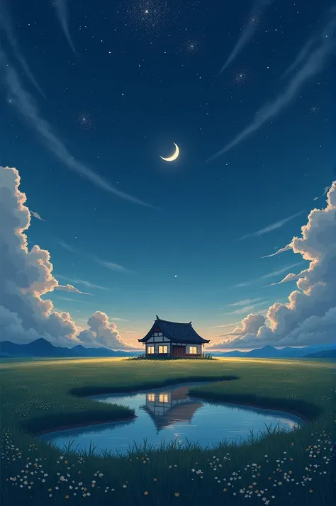 a painting of a house in the middle of a field under a night sky, anime background, anime background art, beautiful anime scene, makoto shinkai cyril rolando, amazing wallpaper, anime art wallpaper 4k, anime art wallpaper 4 k, anime art wallpaper 8 k, anim...