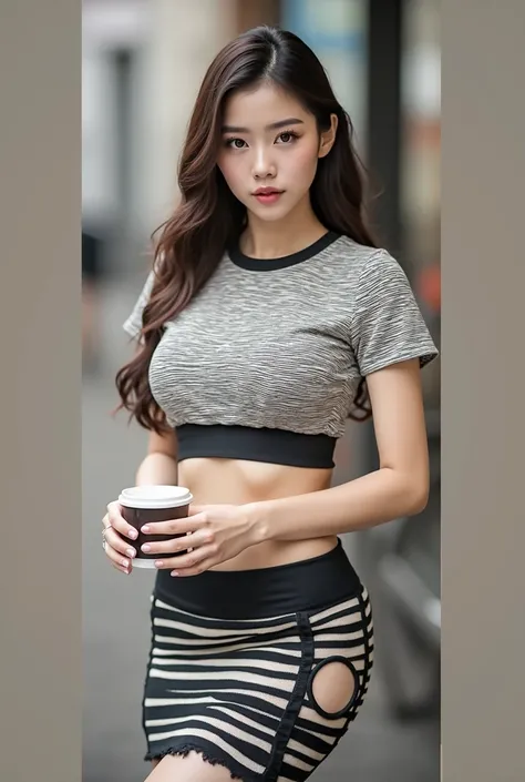 a close up of a woman in a skirt holding a cup, wearing a sexy cropped top, with ripped crop t - shirt, ( ivory black ), crop top, wearing crop top, croptop, wearing a crop top, wearing a cute top, wearing a cropped top, jaeyeon nam, tight shirt, wearing a...