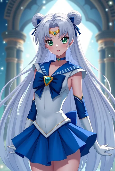 Create for me an image in the Sailor Moon universe, a sailor with long white hair., green eyes and fair skin very detailed outfit with the color blue standing out