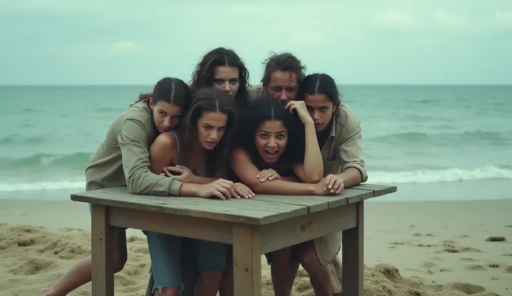 very scared people standing on a table at the beach