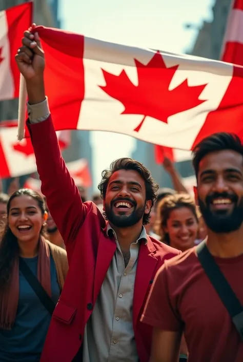 Indian people hold on canadian
 flags