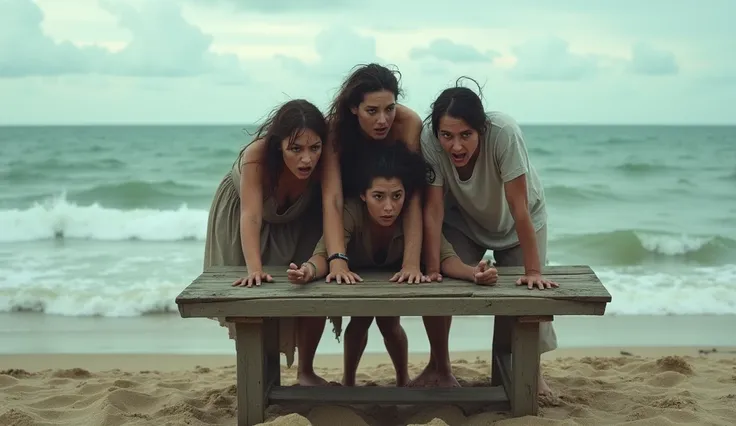 very scared people standing on a table at the beach