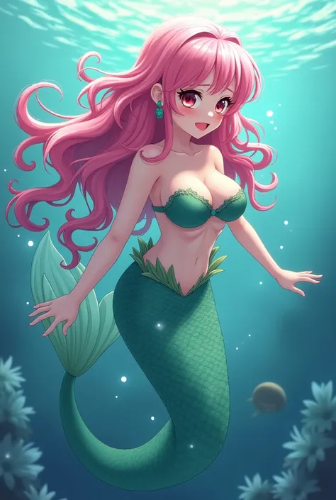 Mermaid girl, pink hair, long hair, red eyes, swimming underwater, big boobs, embarrassed face, anime