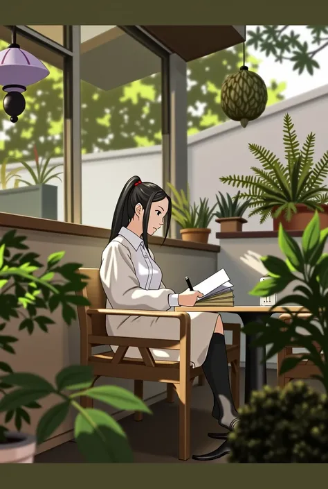 anime girl sitting in a chair reading a book in a garden, (ponytail forehead hair pulled back:1.3), (black hair:1.3), sitting in a cafe alone, mysterious coffee shop, sitting alone in a cafe, relaxing concept art, anime style, from girls frontline, fine de...