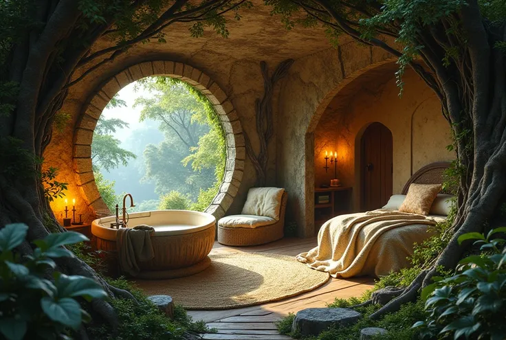 a picture of a cave and a bed in the background, interior of a hobbit hole, inside a medieval hobbit home, cozy place, in his hobbit home, cozy bathhouse hidden in a cave, cosy enchanted scene, cozy treehouse bedroom, cozy and peaceful atmosphere, magical ...