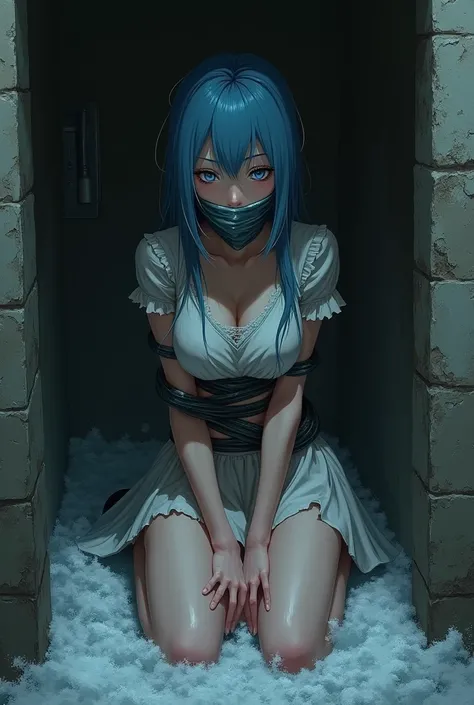 Create an image of a female character from the demon slayer anime with ice breath tied up and gagged in a corner of a captivity
