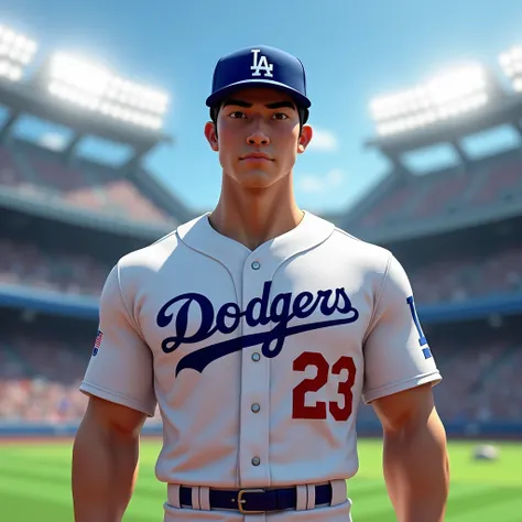 One man、Japanese、aldult、Chest muscles、dodgers baseball uniform,Baseball Stadium